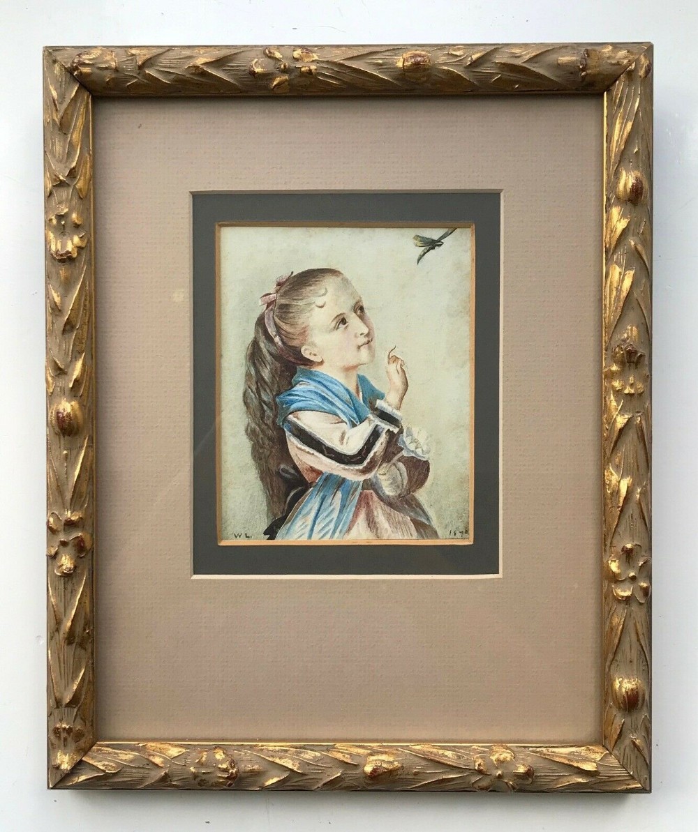 19th Century Original Antique Watercolour Painting Portrait of a  Young Girl Signed W.L. Dated 1876
