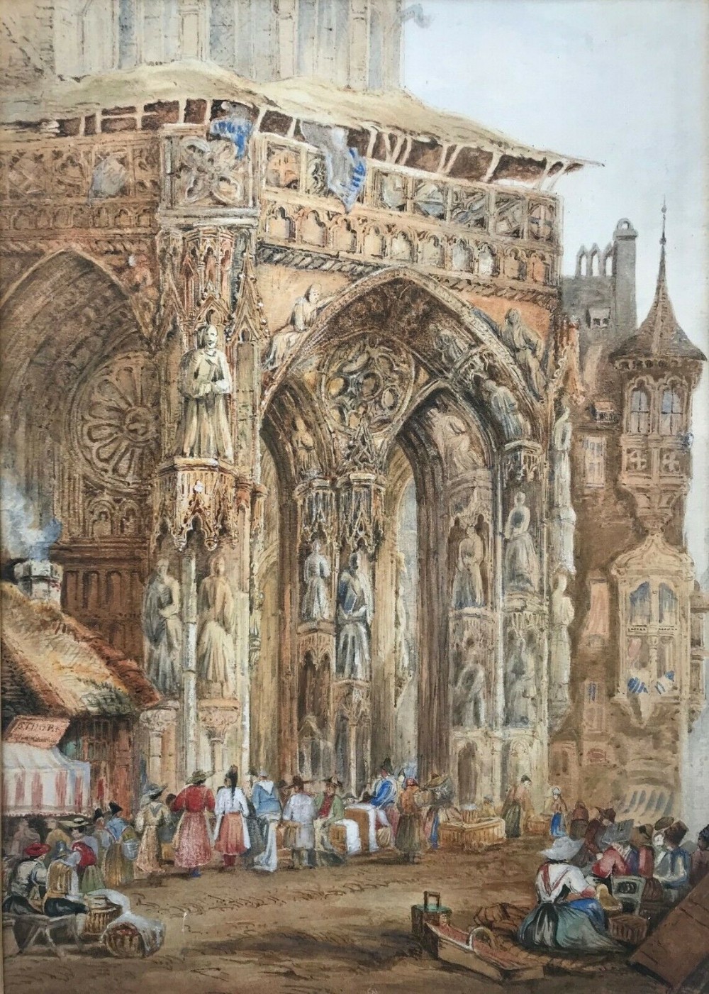 Samuel Prout SP Initialled Original Early 19th Century Antique Watercolour Painting Rouen Cathedral