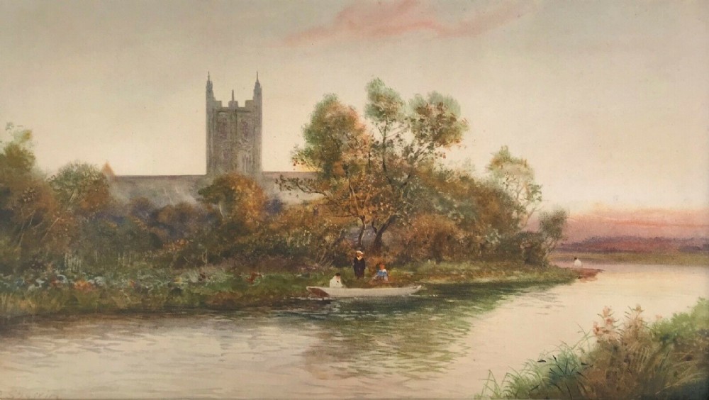 Daniel Sherrin Signed Original Antique Watercolour Painting River Scene & Church landscape Possibly the River Avon