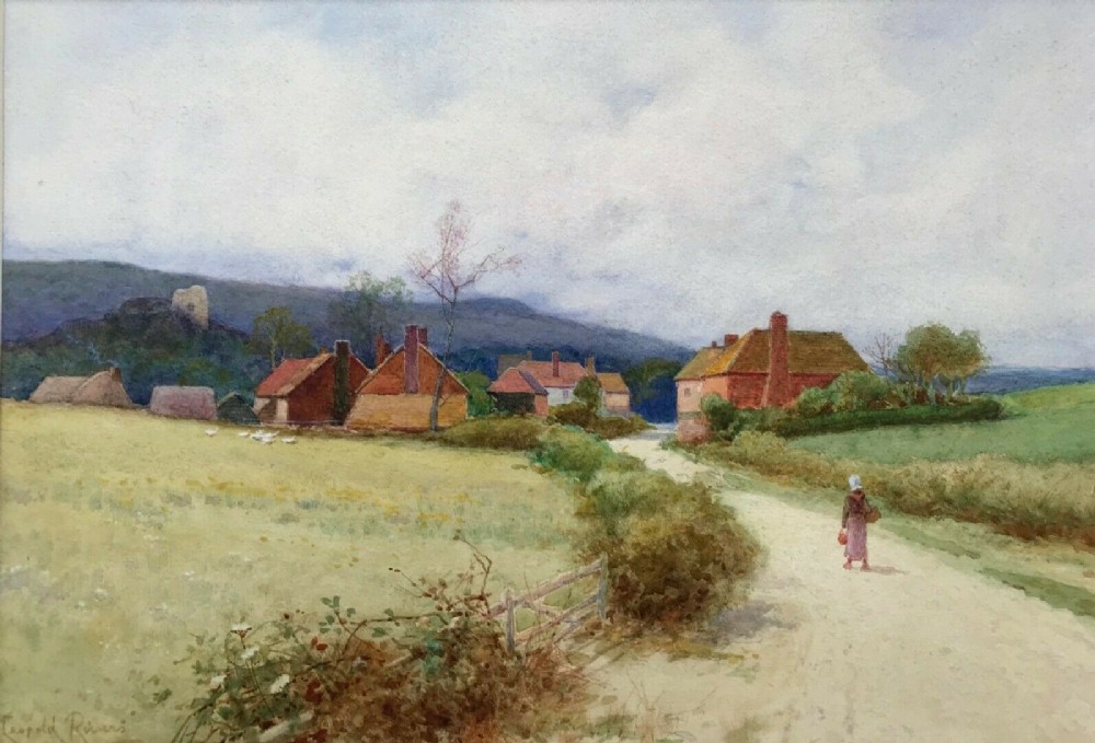 Signed Leopold Rivers Original 19th Century Antique Watercolour Painting Rustic Village Landscape