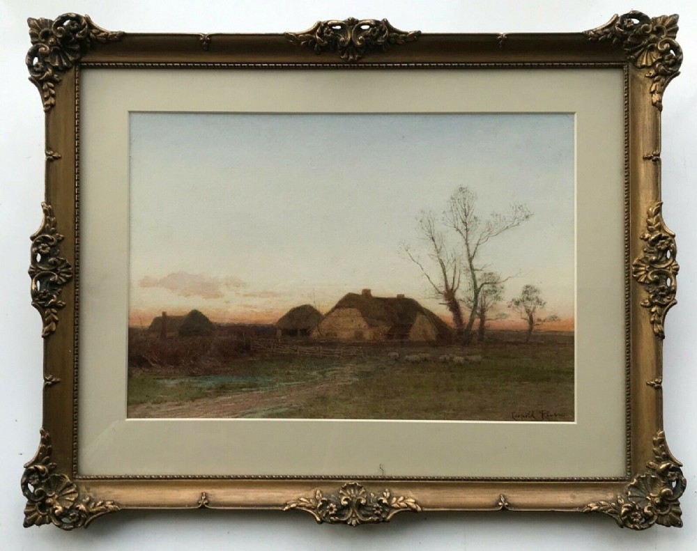 Leopold Rivers Original 19th Century Antique Watercolour Painting Farmstead Sheep Sunset