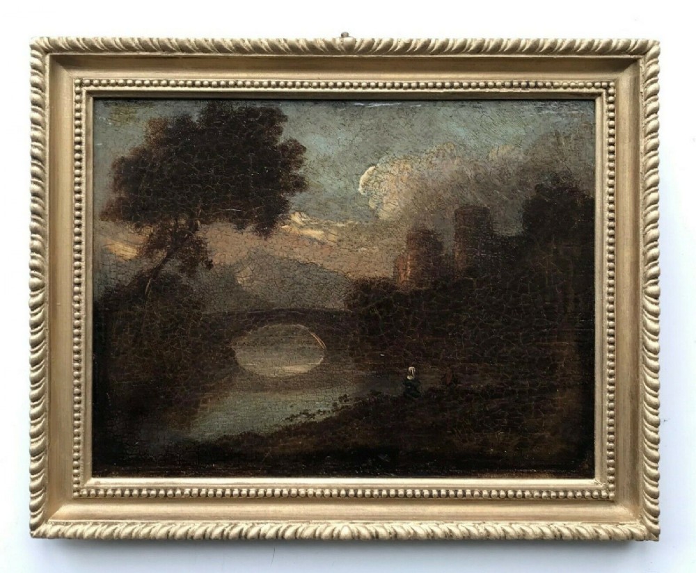 Original Early 19th Century Antique Oil Painting on Wooden Panel English School Landscape Bridge & Castle View