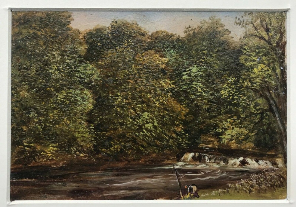 Original Antique Oil Painting on Board River Fishing Fisherman Landscape Scene