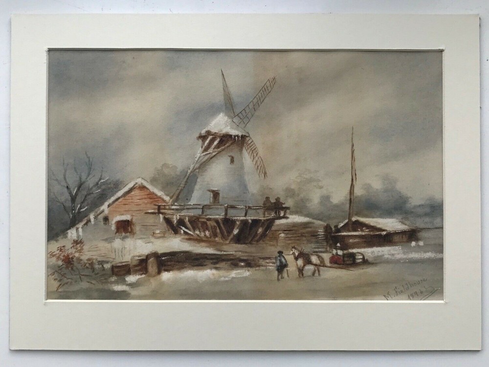 M Fieldhouse Signed Original 1896 19th Century English Antique Watercolour Painting Windmill in the Snow  
