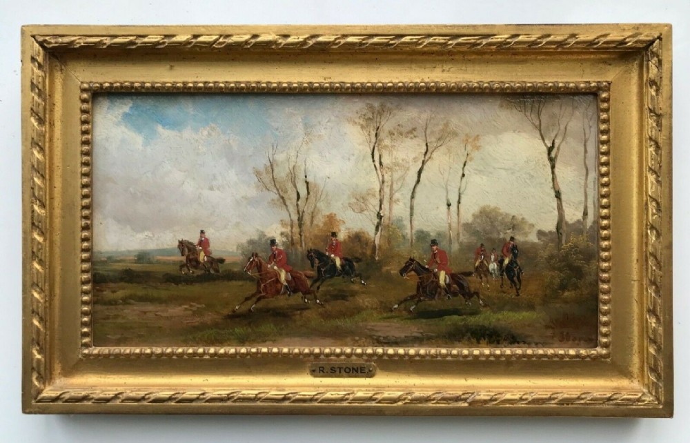 R Stone (Alfred Steinacker) Signed Original 19th Century Antique Oil Painting on Wood Panel Fox Hunting, 