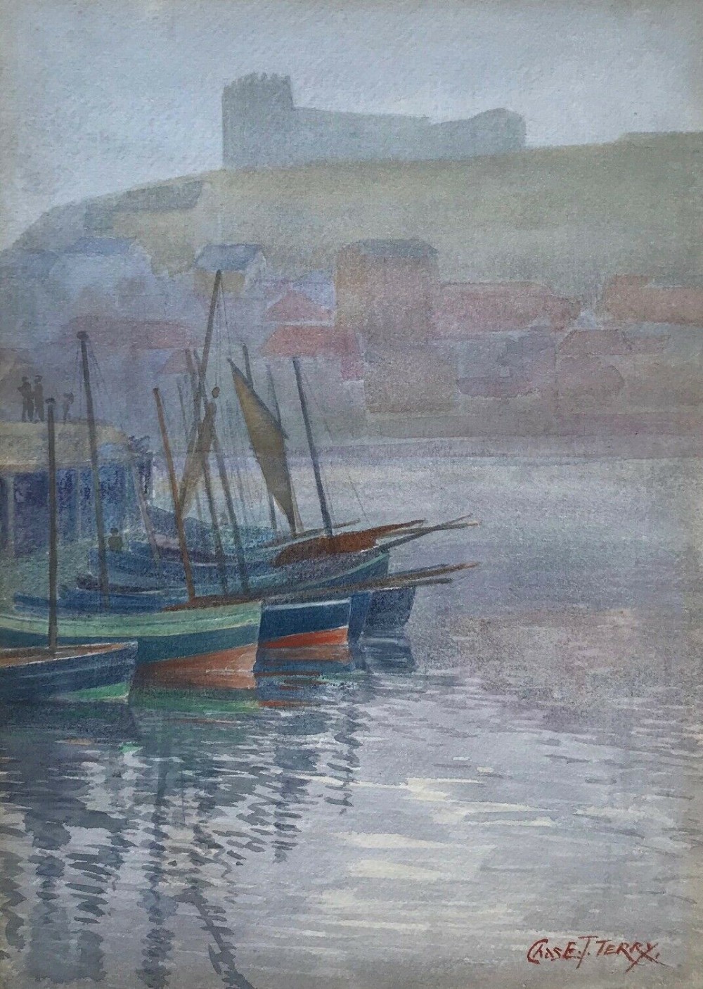 Charles T Terry Signed Original  early 20th Century English Antique Watercolour Seascape Painting Whitby, North Yorkshire Coast