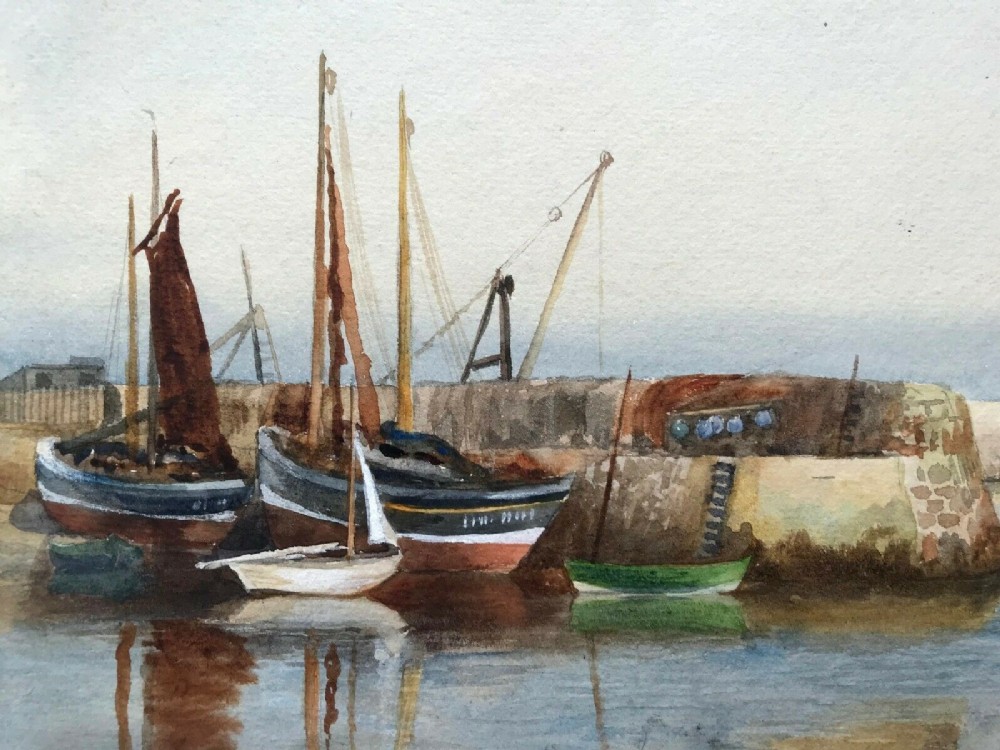 St Ives / Newlyn School Original Vintage English Watercolour Painting Fishing Boats in Harbour Seascape