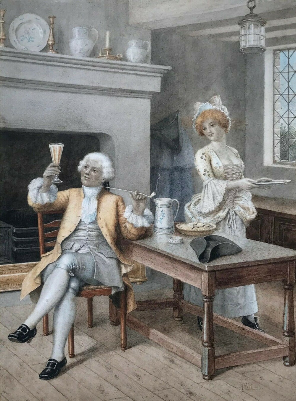 Arnold WILLMS Signed Original 19th Century Antique Watercolour Painting 'Her Health' Interior Scene with Figures