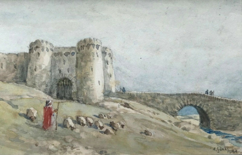 C Jones 1944 Signed Original 20th Century  Vintage Miniature Watercolour Painting 'The Old Castle'