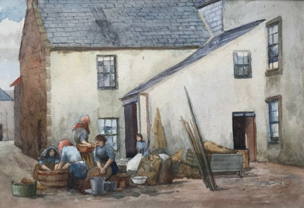 St Ives / Newlyn School Original early 20th Century Vintage Watercolour Painting The Washerwomen