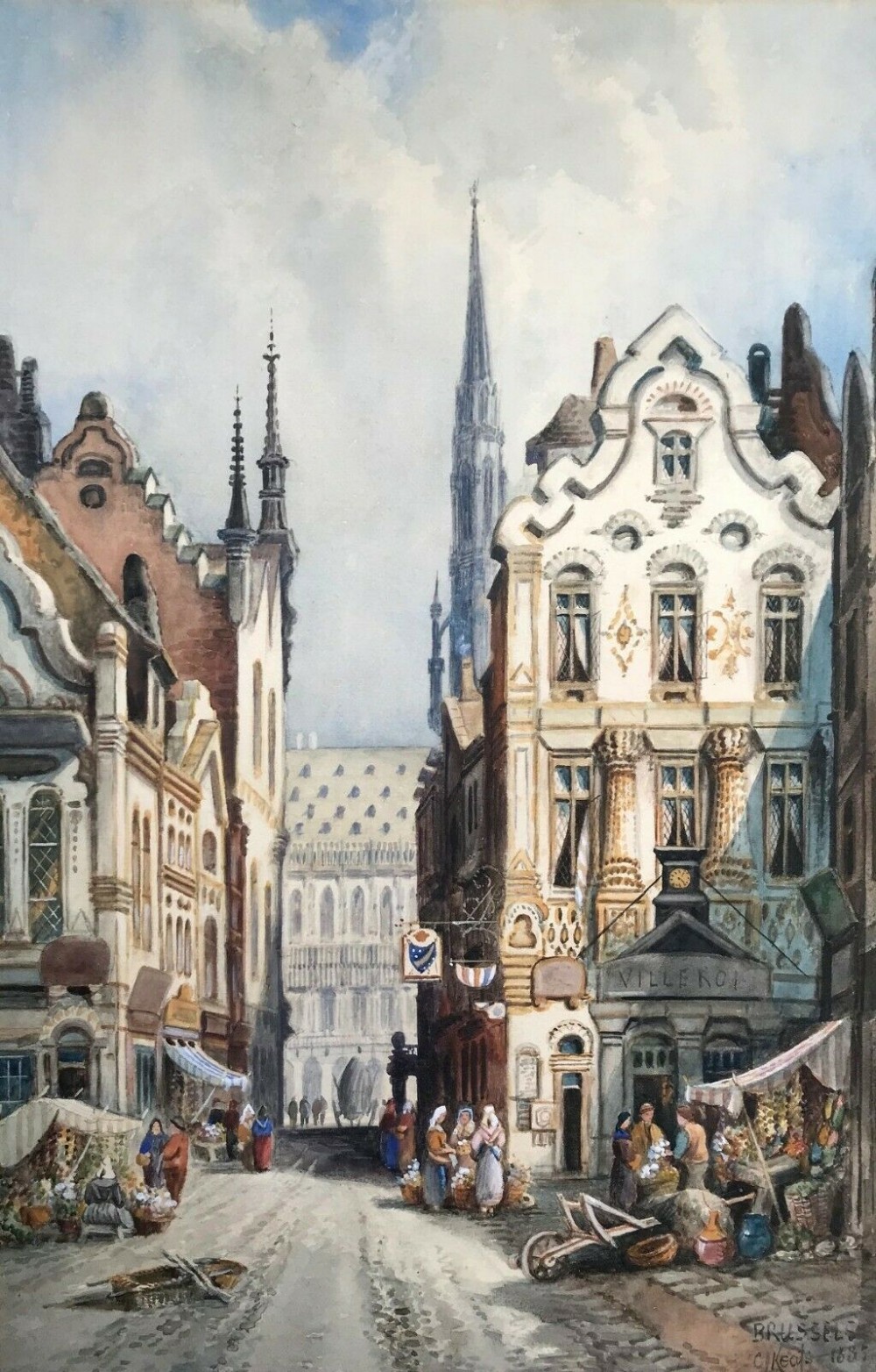 C J Keats Signed 1885 Original 19th Century Antique Watercolour Painting Brussels Market Place with Stalls & Figures