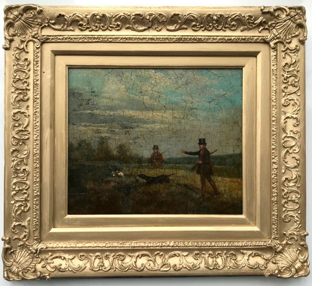 Signed English School Original  Early 19th Century Antique Oil Painting on Wooden Panel, Gentlemen & Hounds Hunting Landscape