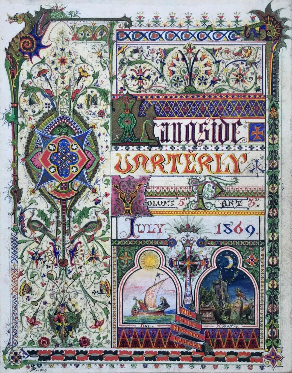 Signed Original 1869 Watercolour Painting & Ink Drawing Illuminated Script
