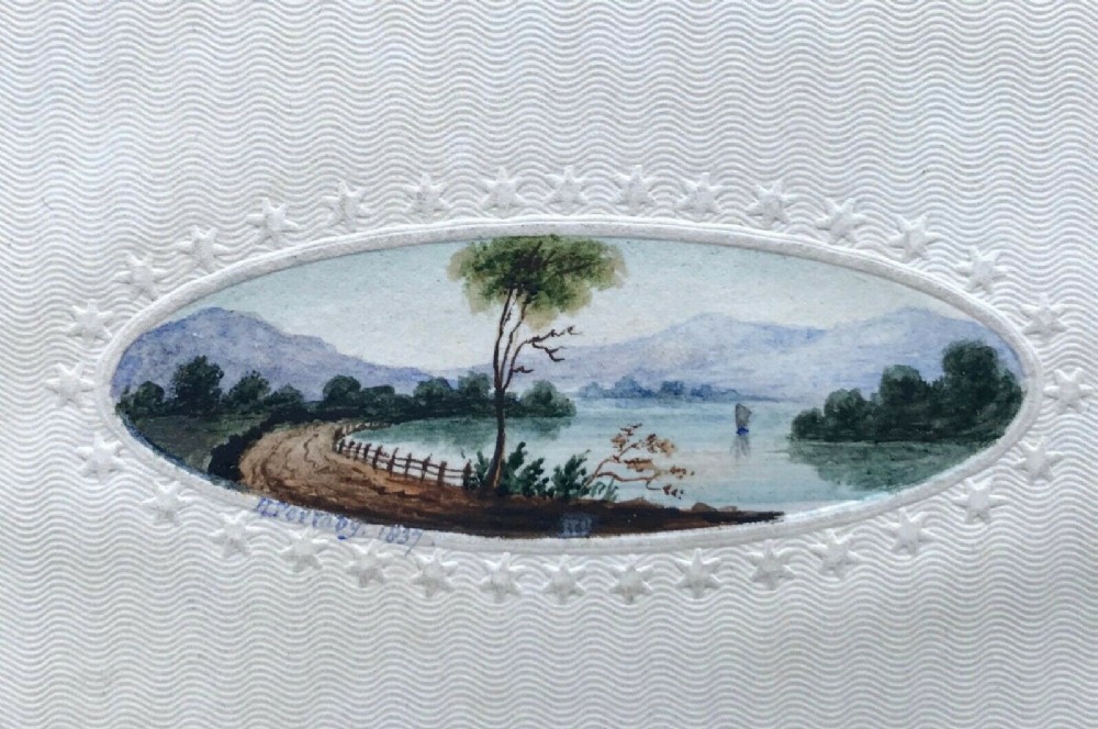Signed & Dated 1837 Original 19th Century Antique Miniature Watercolour Painting, Lake Mountain Landscape