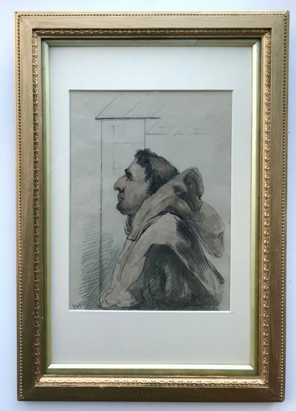 Signed Original Vintage Watercolour & Charcoal Drawing, Monk in a Cowl Portrait