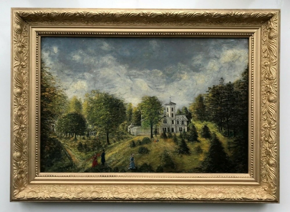 Original 19th Century Antique Oil Painting Italian Renaissance Architecture Country House Garden Landscape with Figures