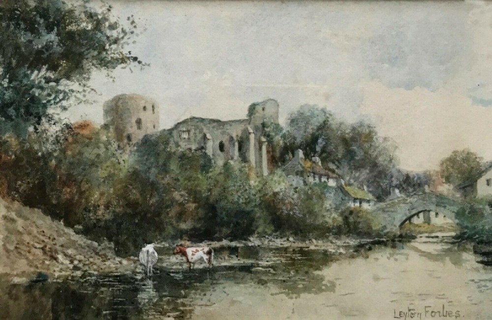Leyton Forbes Original Antique early 20th Century Watercolour Painting Landscape with Cattle at Barnard Castle