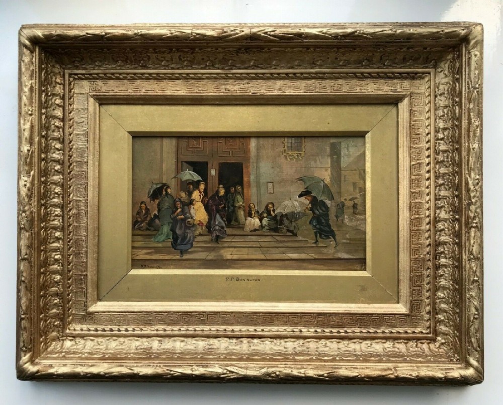 RP Bonington Antique Signed Original 19th Century Oil Painting on Panel Church Entrance Townscape Scene