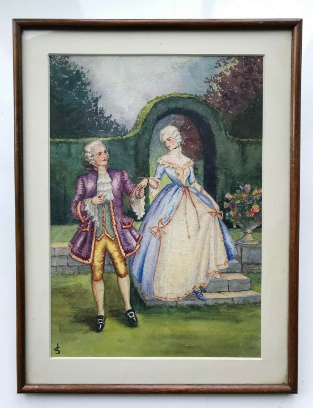 Signed with Monogram JS Original early 20th Century Antique Watercolour Painting Georgian Figures in a Garden