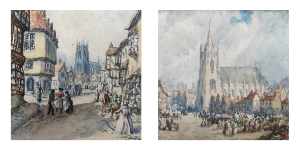 C Jones 1944 Signed 2 Original Vintage early 20th Century Watercolour Paintings Cathedral & Market