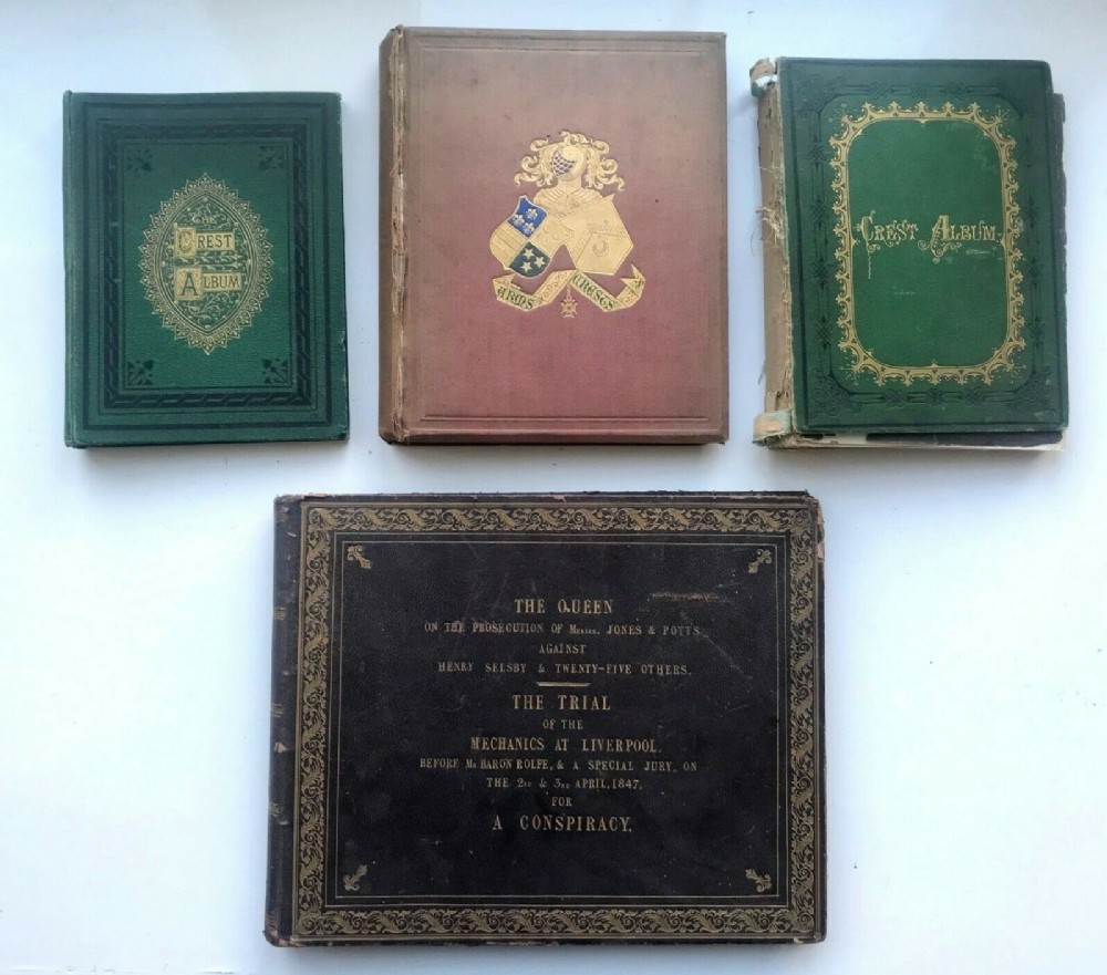 4 Albums of Antique Circa 19th Century Crests & Coats of Arms Large Scrap Book Collection