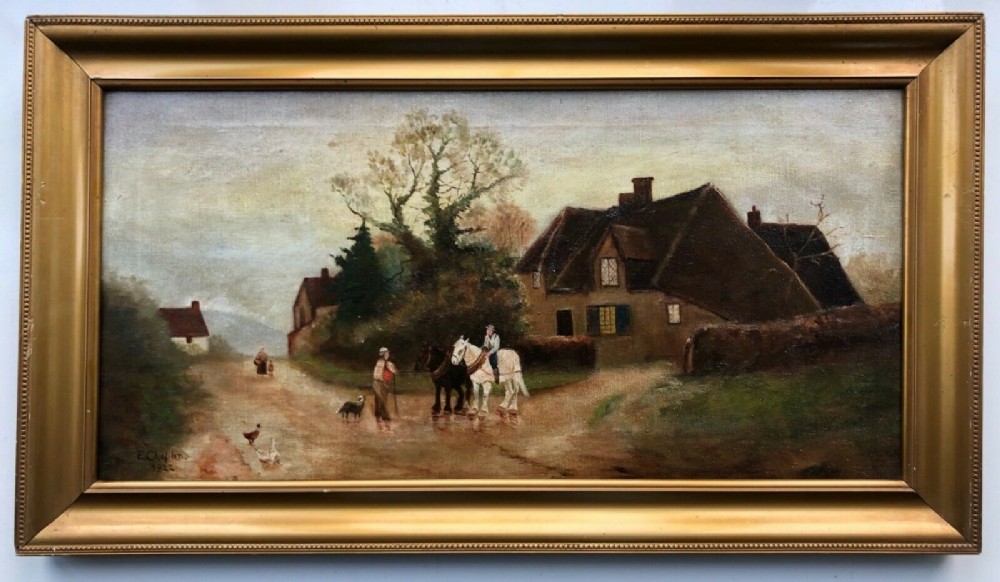 Original 1922 Signed E Chaplin Antique Naïve Oil Painting on Canvas Village with Figures & Horses on a Country Lane Landscape 