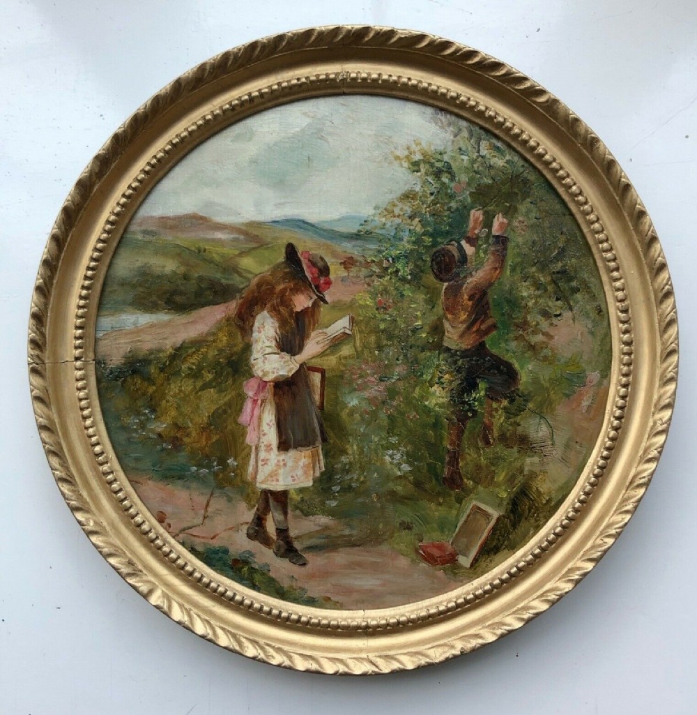 English School Original Antique 19th Century Circular Oil Painting Boy Collecting Berries & Girl Reading