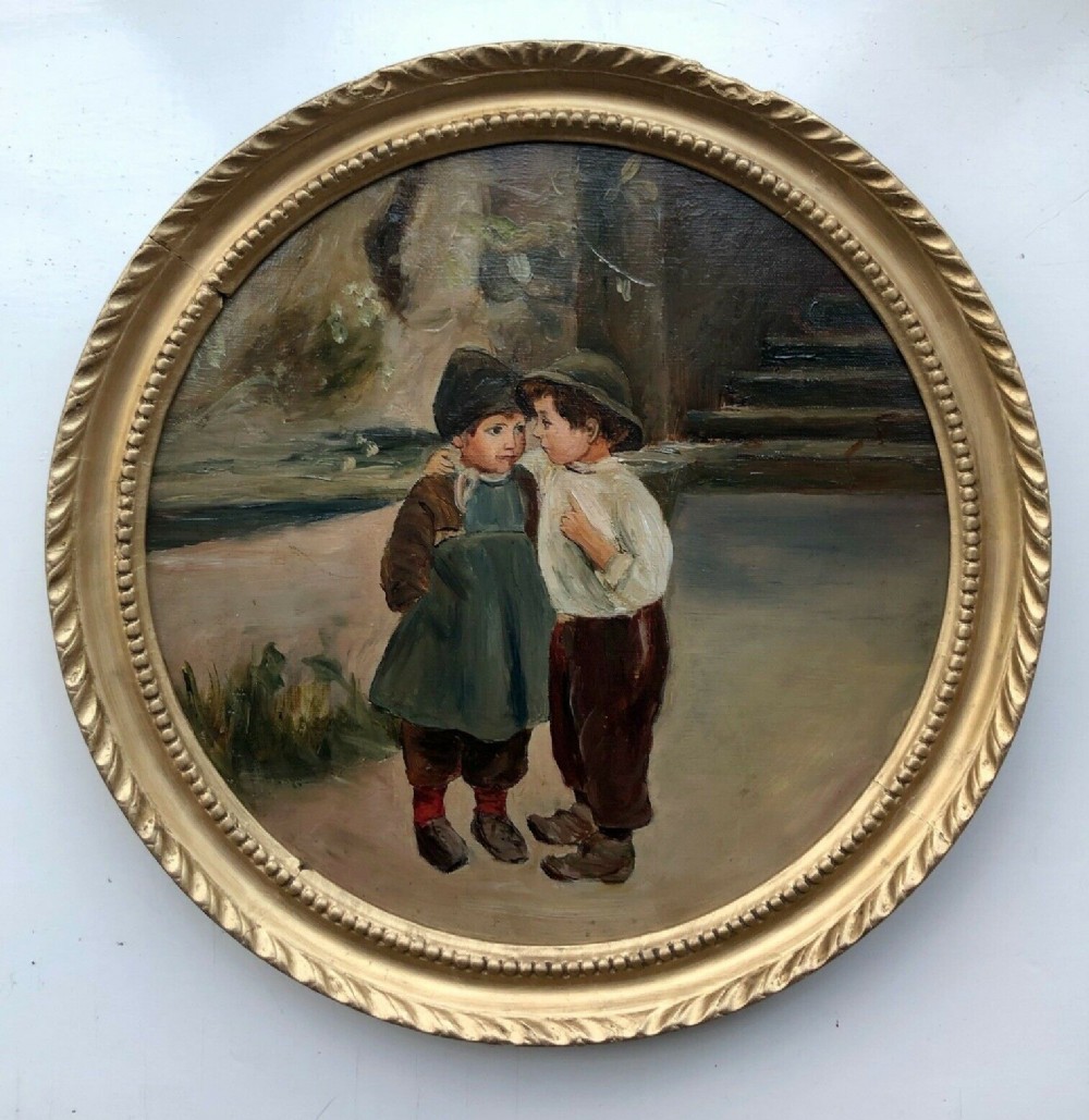 English School Original Antique 19th century Circular Oil Painting Young Dutch Boy & Girl Portrait Study