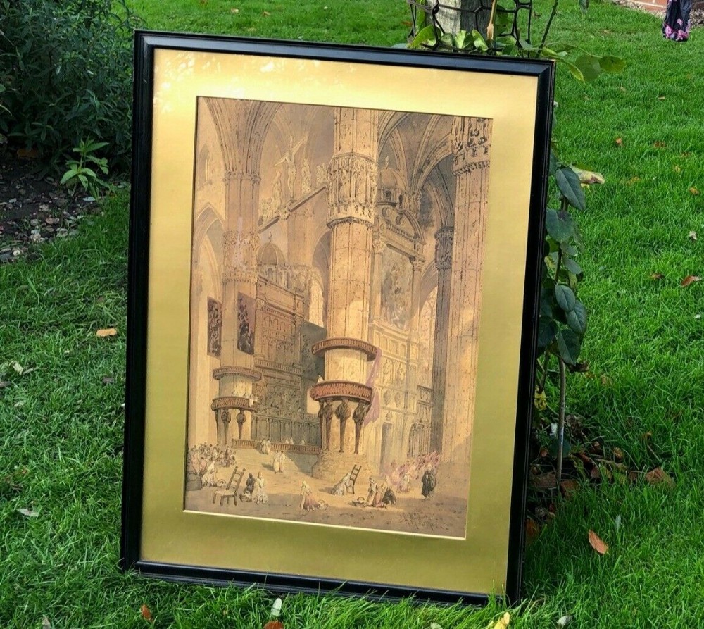 Signed A McArthur Original Early 19th Century Antique Watercolour Painting  French Cathedral Interior Study