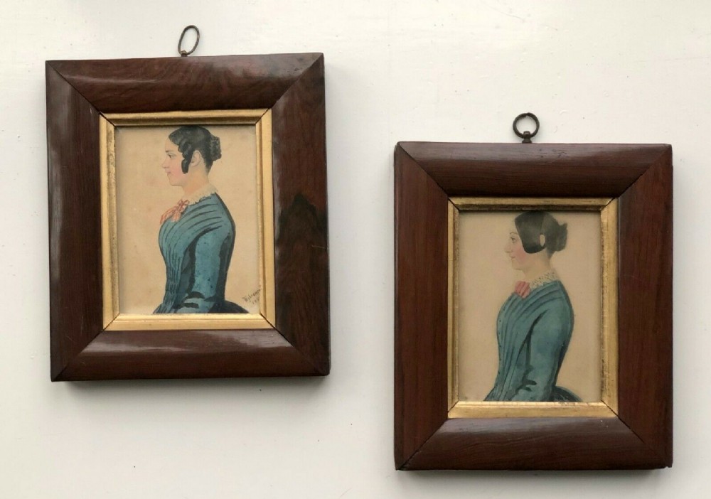 Patrick Wybrant Irish Original 1854 Pair of Antique Miniature Watercolour Portrait Paintings on Original Wooden Glazed Frames