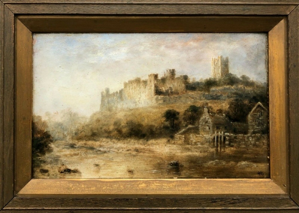 Signed Original Antique Oil Painting on Board Richmond Castle Yorkshire Landscape, Monogrammed SH?