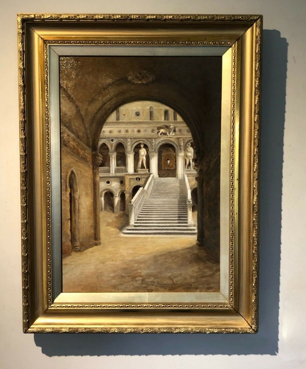 S A Doidge Original 19th Century Antique Oil Painting on Canvas Entrance to Doge's Palace Venice Italy Italian Architecture