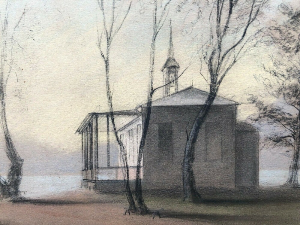 Chapel near St Petersburg Original Antique 1850 Watercolour Painting Monogram Signed SL?