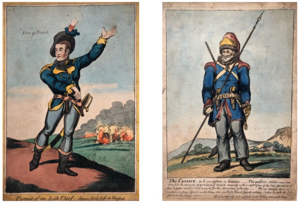 Two RARE 18th Century Hand Coloured Historical Engravings Irish Chief Wexford & The Cossack