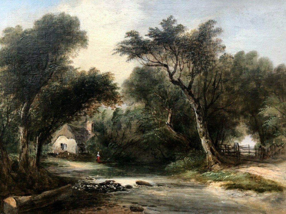 Original Mid 19th Century Antique Oil Painting on Canvas Figure by Thatched Cottage Brook House Surrey Landscape