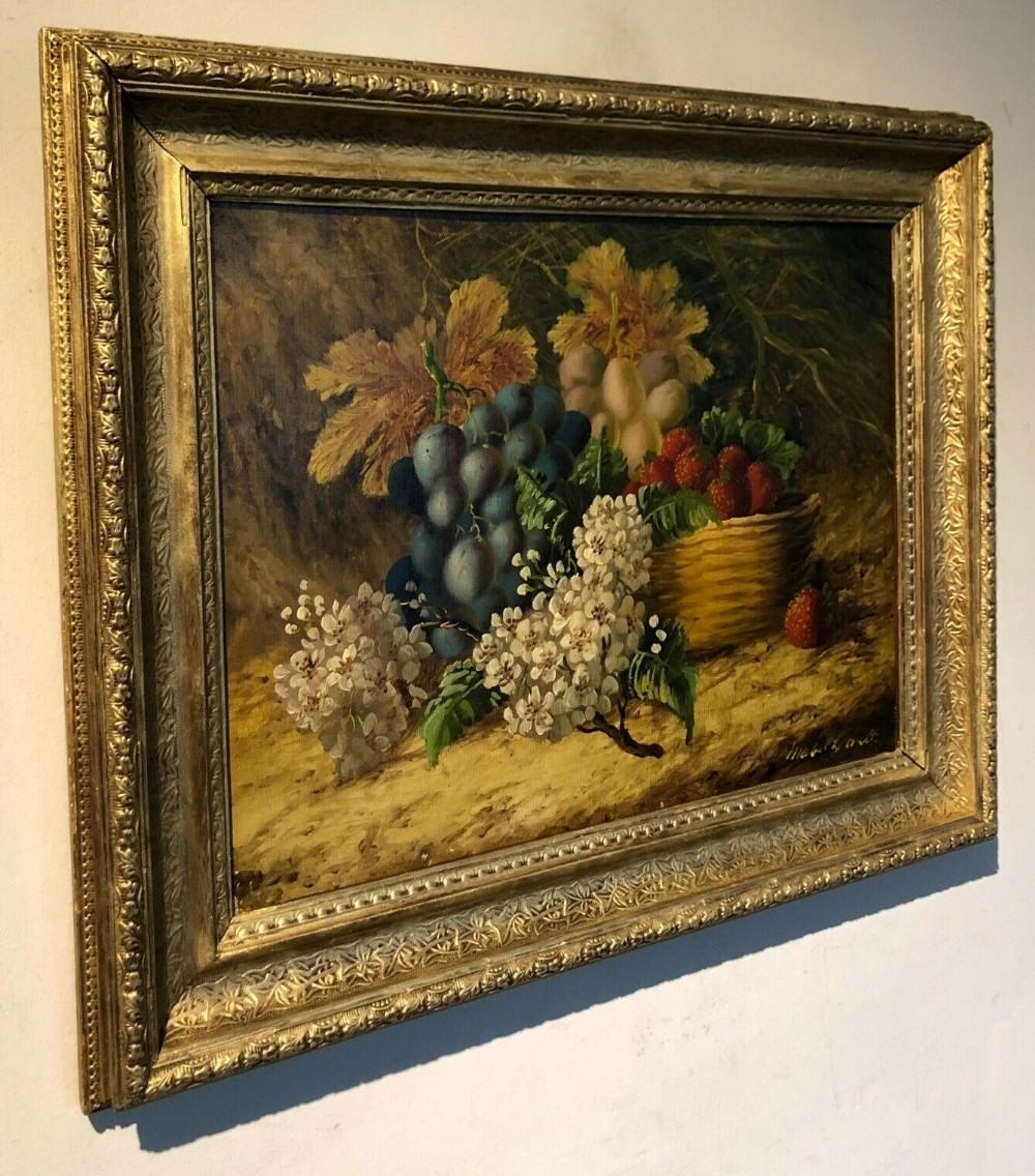 Signed Original 20th Century Oil Painting Canvas on Board Still Life Flowers Strawberries & Grapes