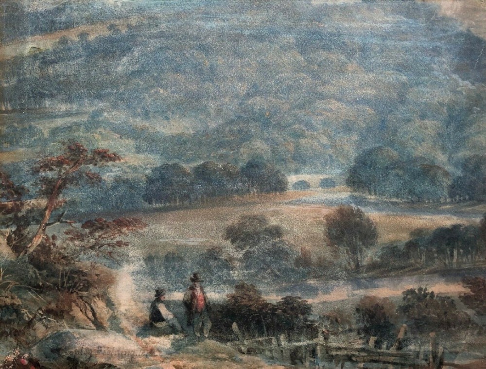 AV Copley Fielding Signed Original Early 19th Century English Antique Watercolour Painting Figures in a  Landscape