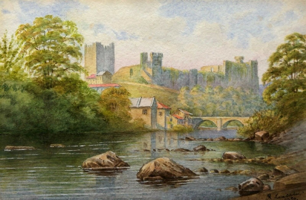 Signed Leathley 1950 Original English Watercolour Painting of Richmond Castle & River Yorkshire Landscape