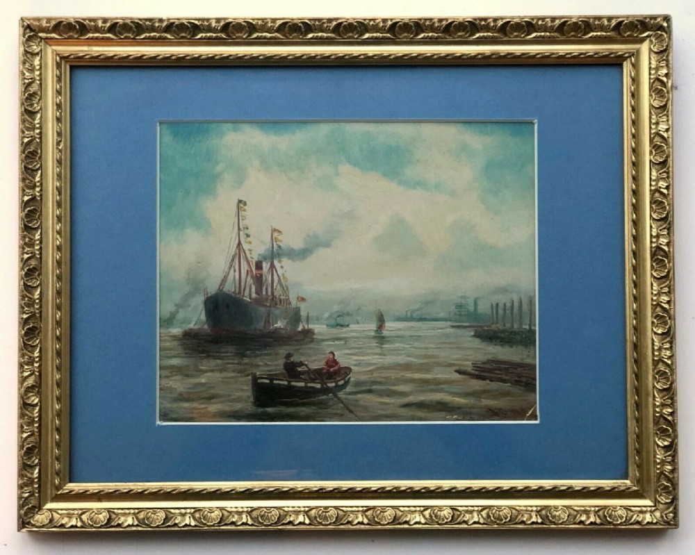 Signed Original 19th Century Antique Watercolour Painting Ship & Rowing Boats in Harbour