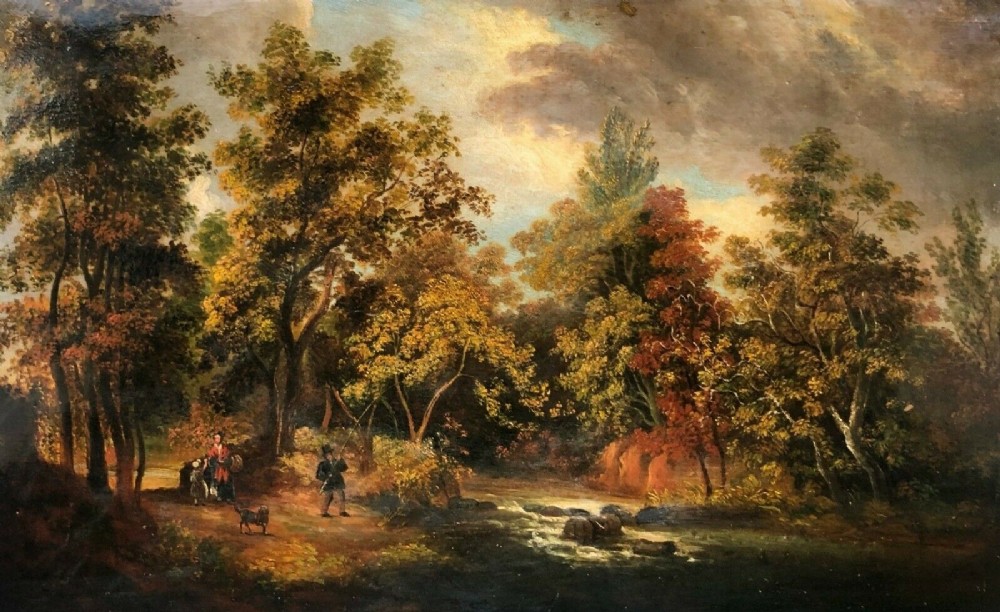 Original 19th Century English Antique Oil Painting Landscape River Scene with Man Fishing, dog & Figures