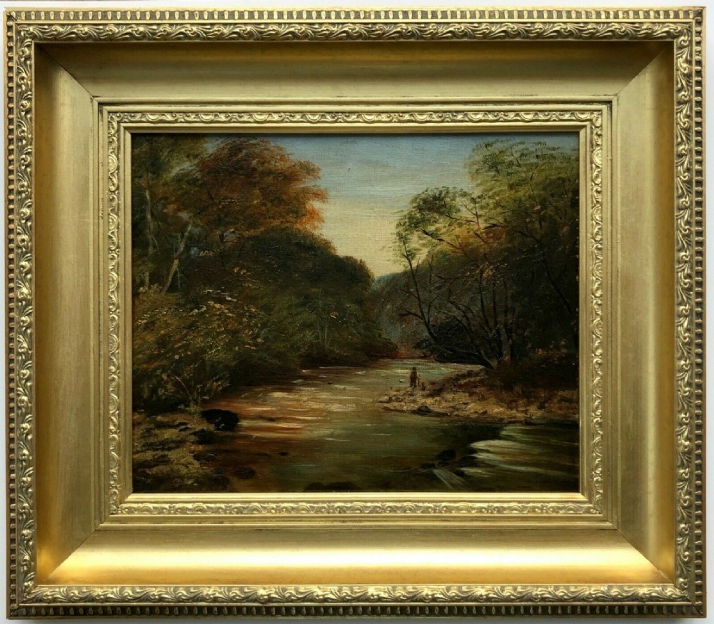 Original 19th Century Antique Oil Painting on Canvas Man Fishing by a River Landscape
