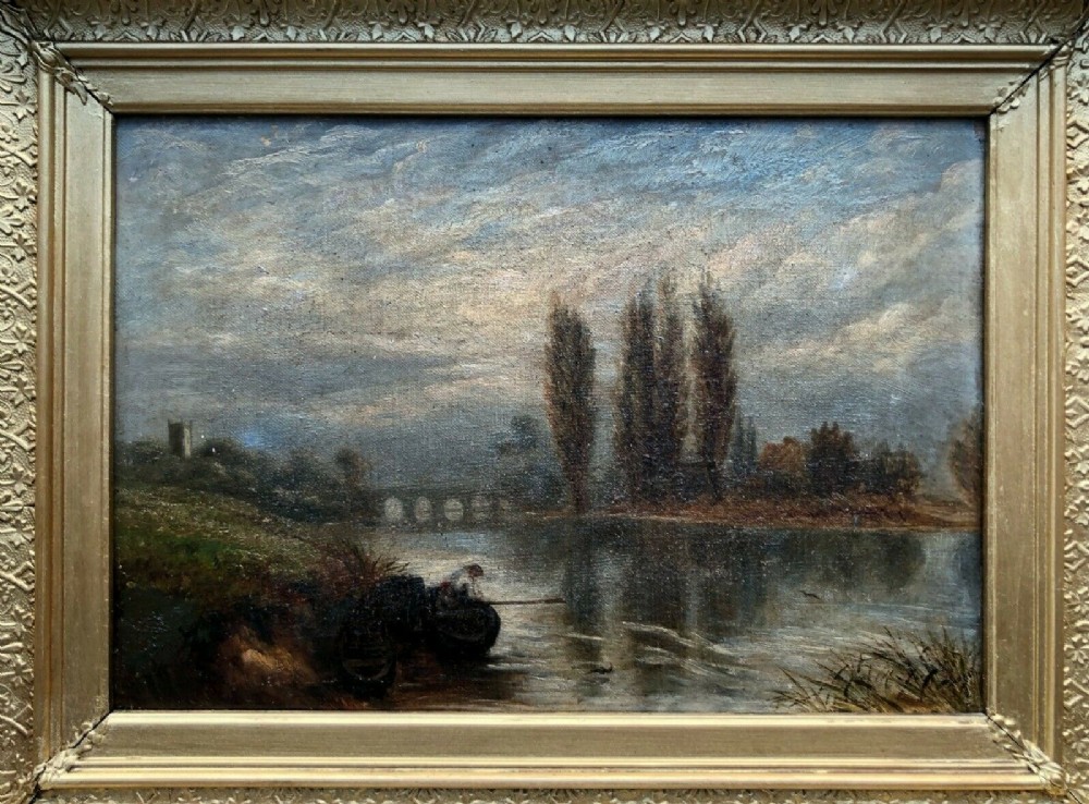 Original 19th Century Antique Oil Painting on Canvas Fishing Landscape Man by a River & Distant Bridge
