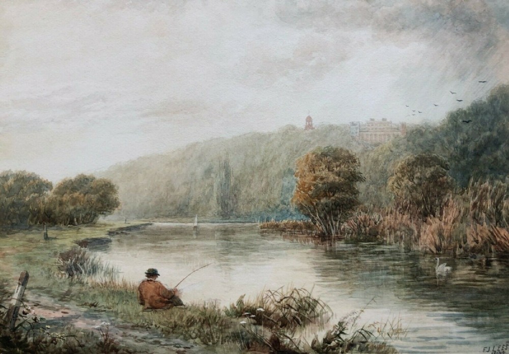 F J Lees 1894 Original 19th Century English Antique Watercolour Painting 'Thames Fishing, Buckinghamshire' Cookham, Berkshire with Cliveden House