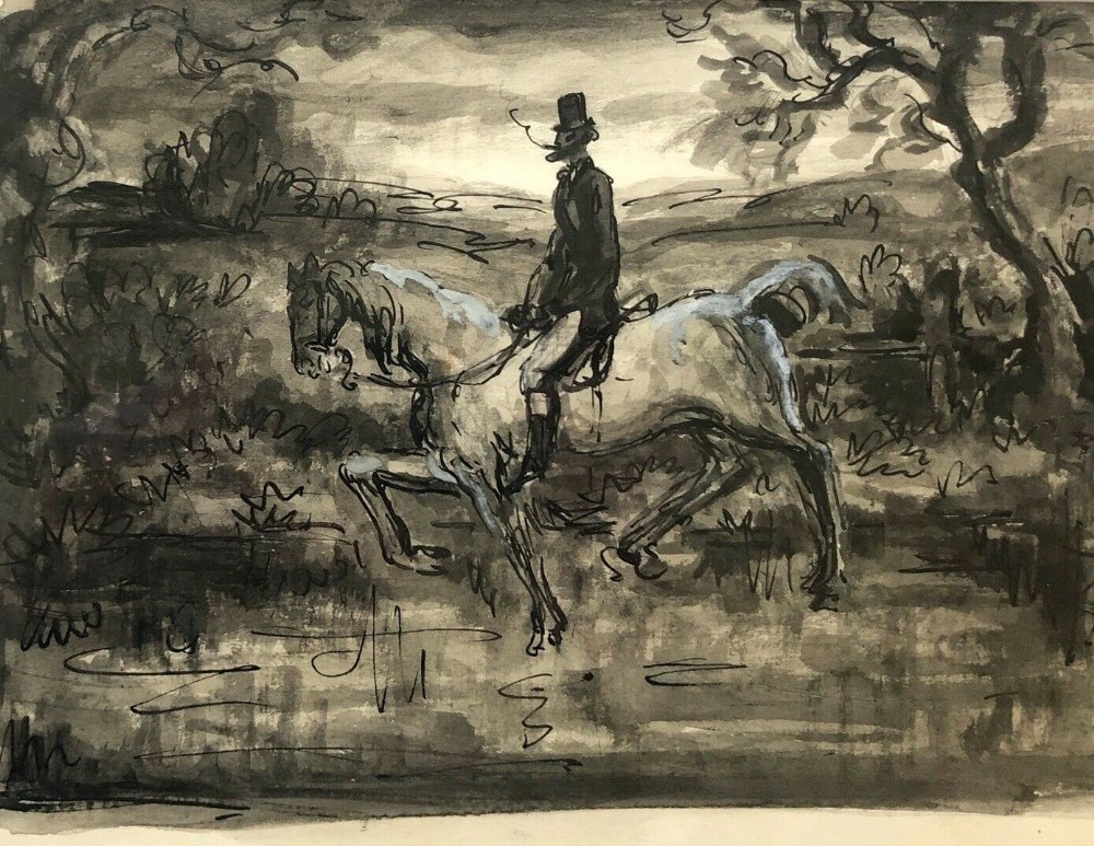 Harold Hope Read Original Vintage Monochrome Watercolour Wash Painting Horse & Rider Hunting Landscape