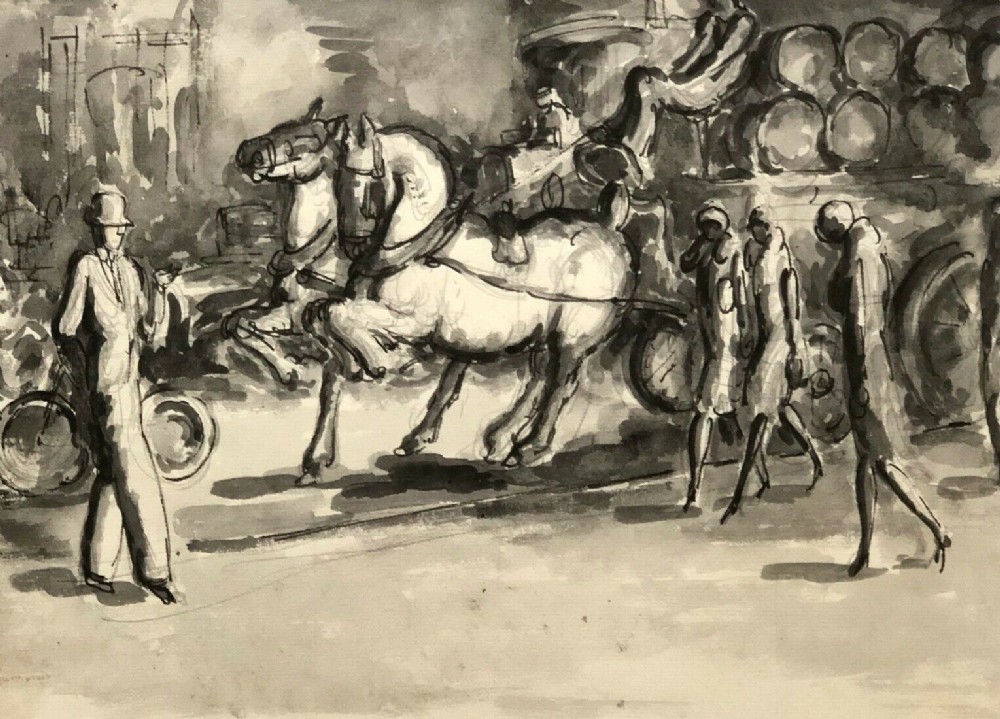 Harold Hope Read Original c 1920's Monochrome Watercolour Wash Painting Three Ladies Approaching