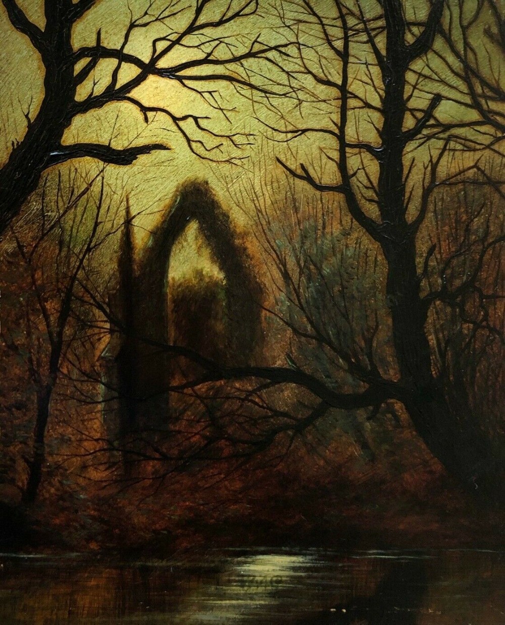 Manner of Atkinson Grimshaw Dated 1877 Original 19th Century English Antique Oil painting Moonlight River & Abbey Ruins