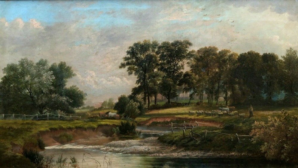 Monogram Signed 1882 Original 19th Century English Antique Oil Painting on Canvas Landscape River Figure Horses & Sheep