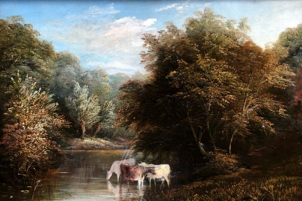 Original 19th Century Antique English Oil Painting on Canvas River Landscape with Cows Cattle Watering Upstream 
