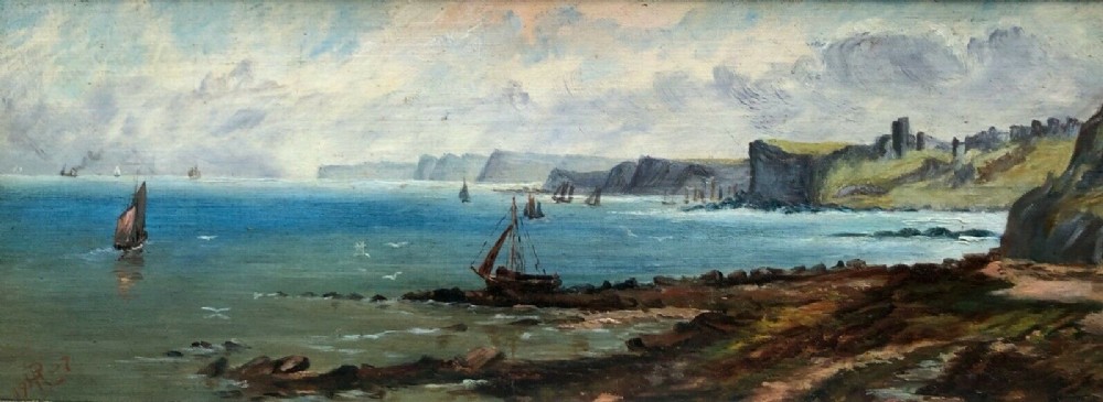 Original Antique Monogram Signed 1907 Oil Painting on Canvas Fishing Boats Coastal Landscape Scene