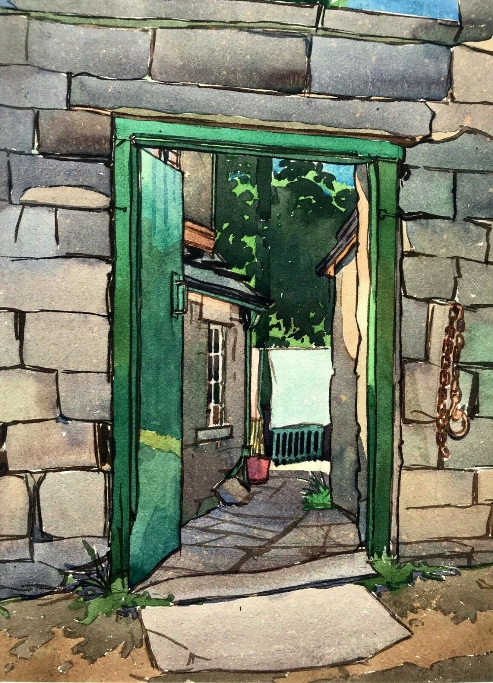 Original Watercolour circa 1950 Watercolour Painting Derbyshire Gate House Yard & Garden View Landscape